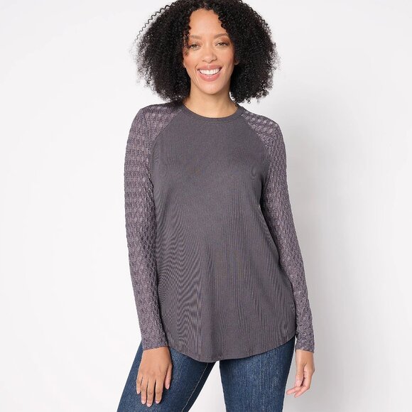 Long Sleeve Ribbed Tee with Mesh/Lace Sleeves - Picture 3 of 7